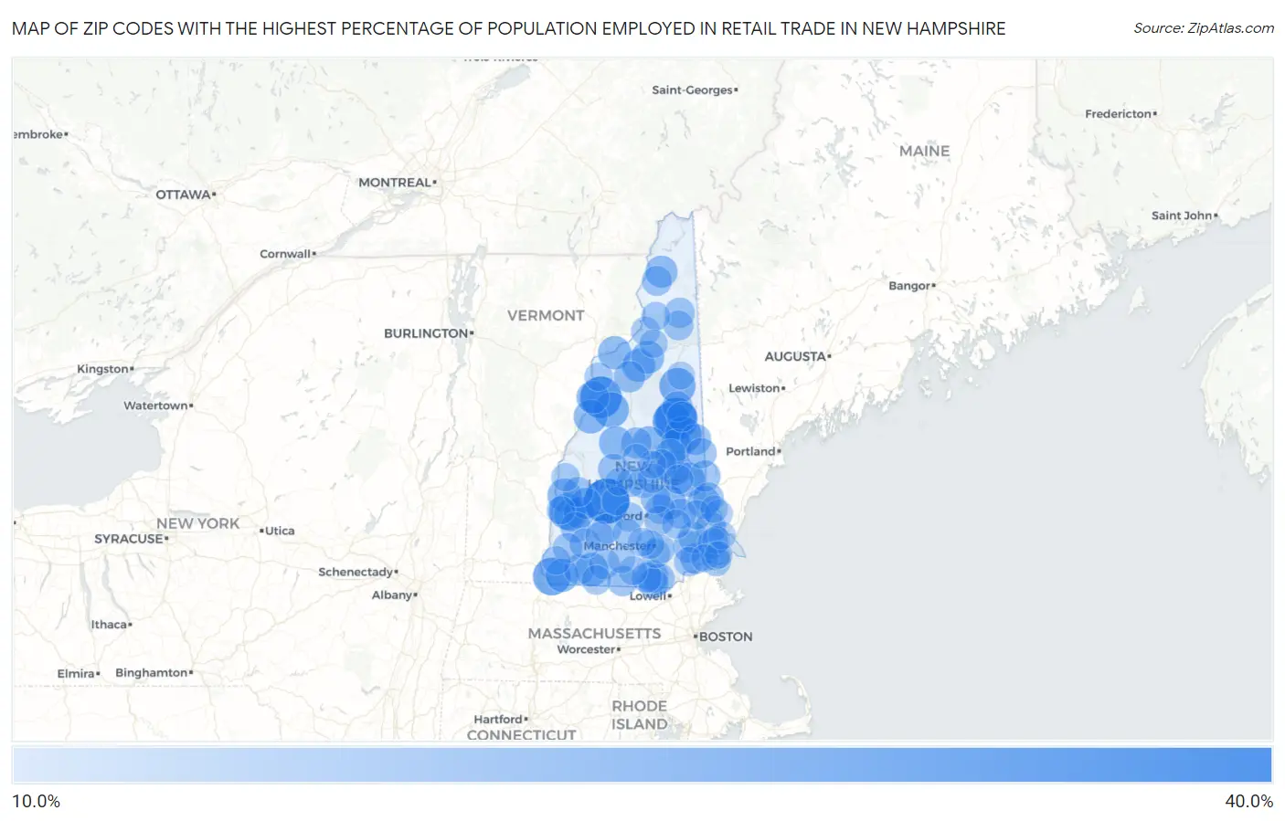 Zip Codes with the Highest Percentage of Population Employed in Retail Trade in New Hampshire Map