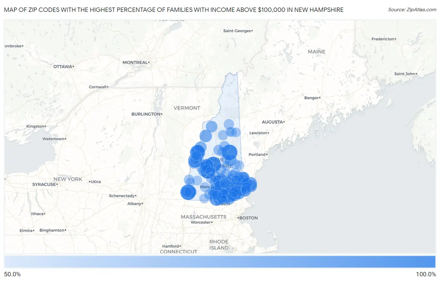 Zip Codes with the Highest Percentage of Families with Income Above $100,000 in New Hampshire Map