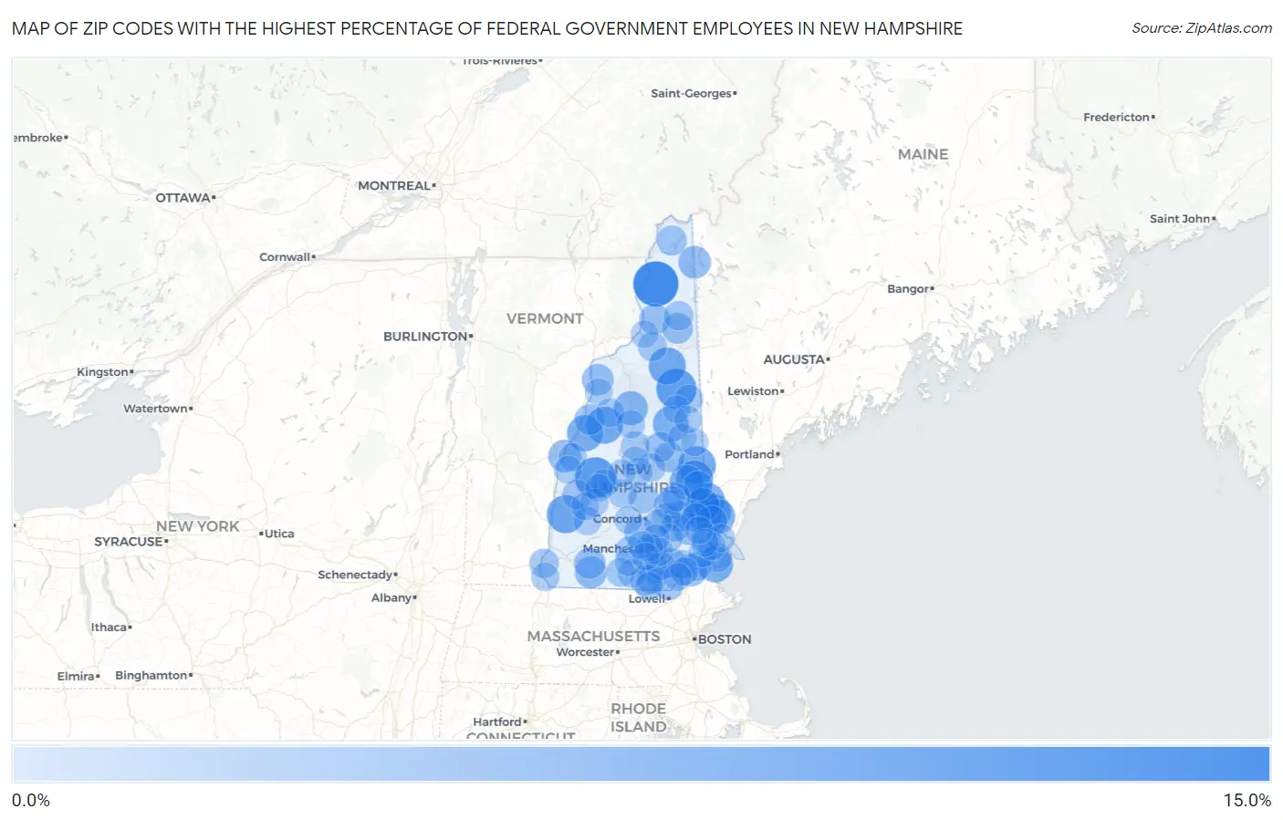 Zip Codes with the Highest Percentage of Federal Government Employees in New Hampshire Map