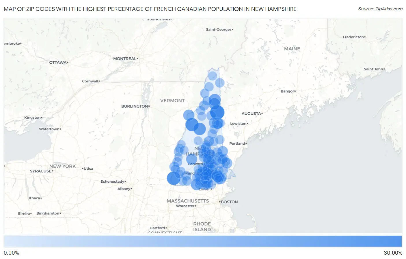 Zip Codes with the Highest Percentage of French Canadian Population in New Hampshire Map