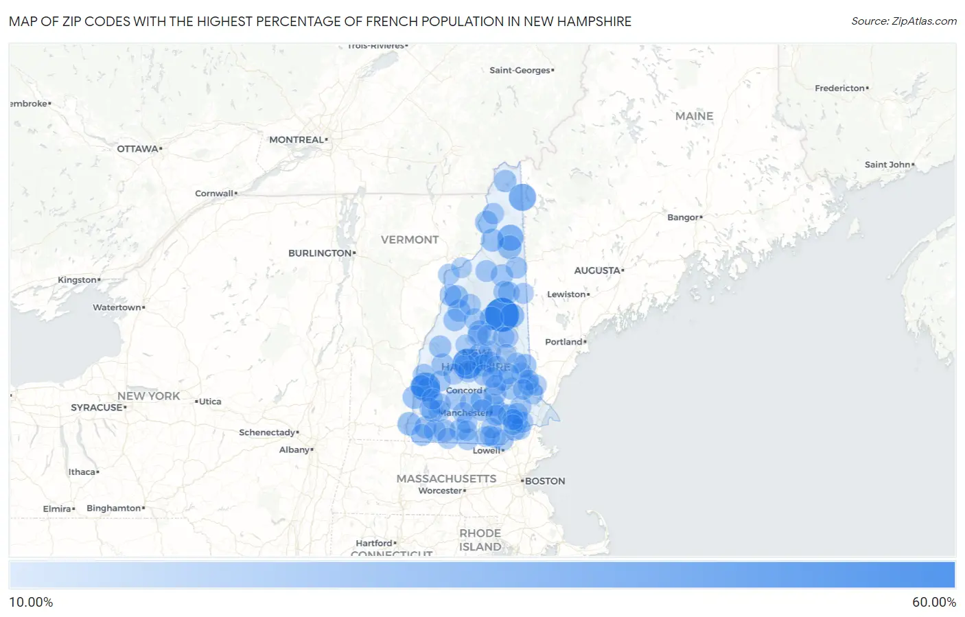 Zip Codes with the Highest Percentage of French Population in New Hampshire Map