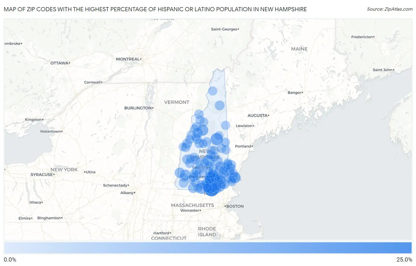 Zip Codes with the Highest Percentage of Hispanic or Latino Population in New Hampshire Map