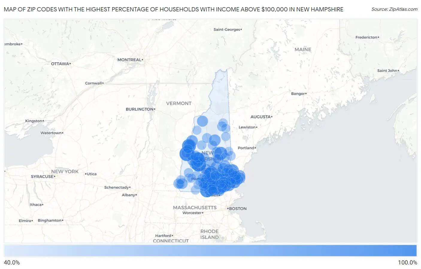 Zip Codes with the Highest Percentage of Households with Income Above $100,000 in New Hampshire Map