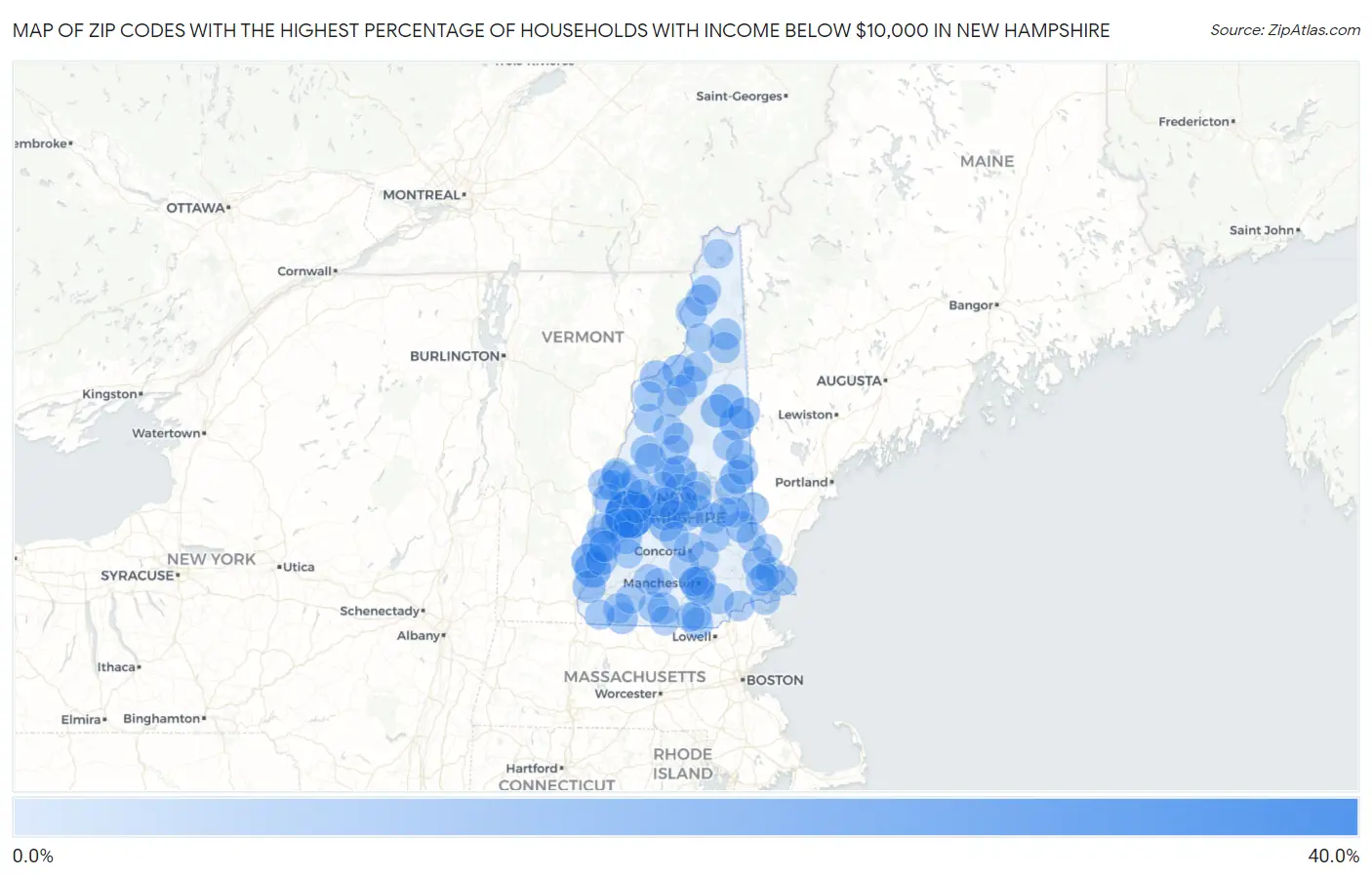 Zip Codes with the Highest Percentage of Households with Income Below $10,000 in New Hampshire Map