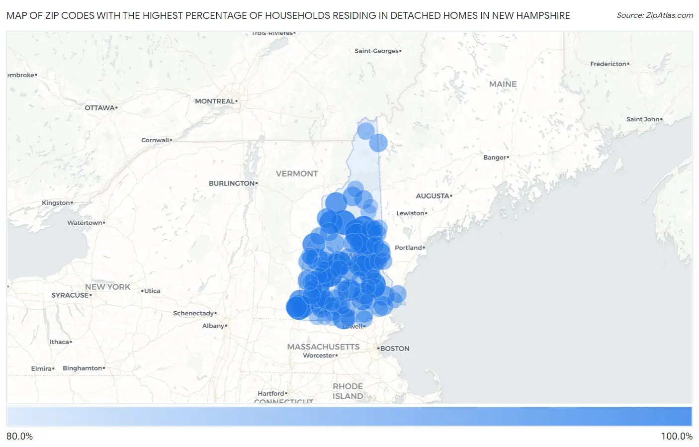 Zip Codes with the Highest Percentage of Households Residing in Detached Homes in New Hampshire Map