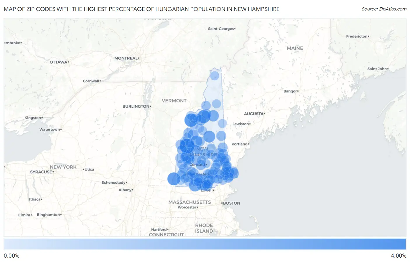 Zip Codes with the Highest Percentage of Hungarian Population in New Hampshire Map
