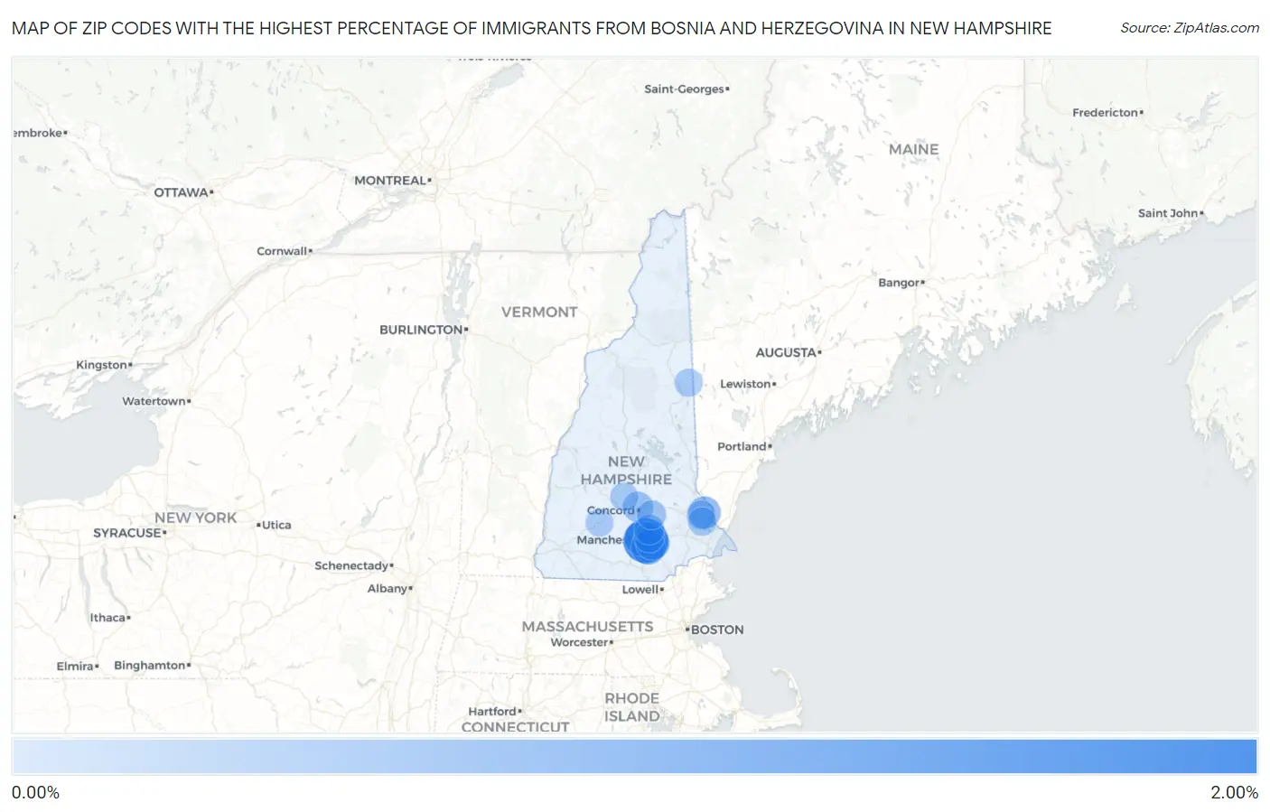 Zip Codes with the Highest Percentage of Immigrants from Bosnia and Herzegovina in New Hampshire Map