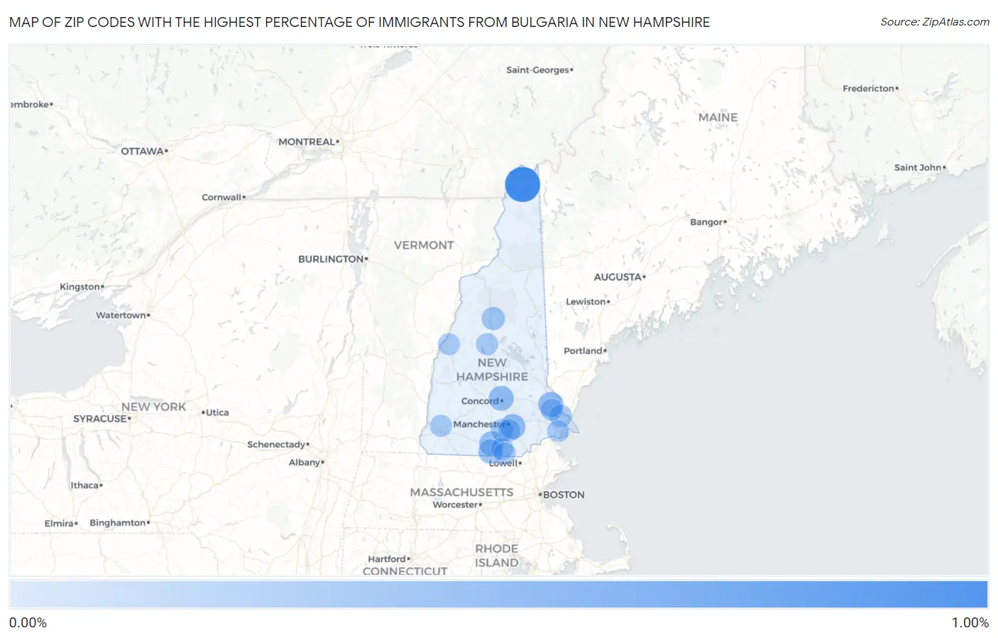 Zip Codes with the Highest Percentage of Immigrants from Bulgaria in New Hampshire Map