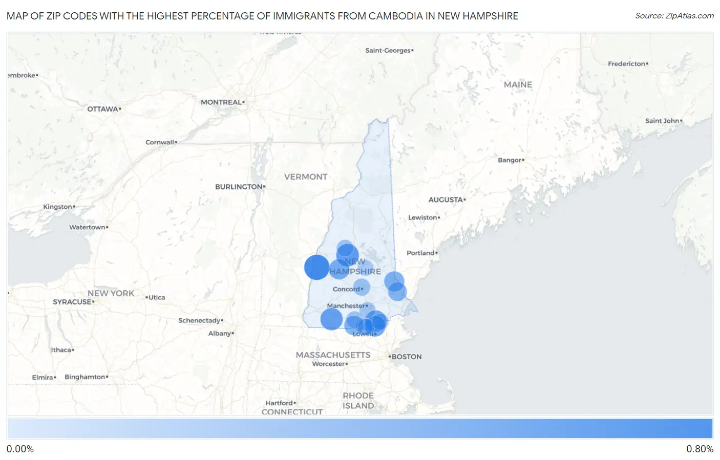 Zip Codes with the Highest Percentage of Immigrants from Cambodia in New Hampshire Map