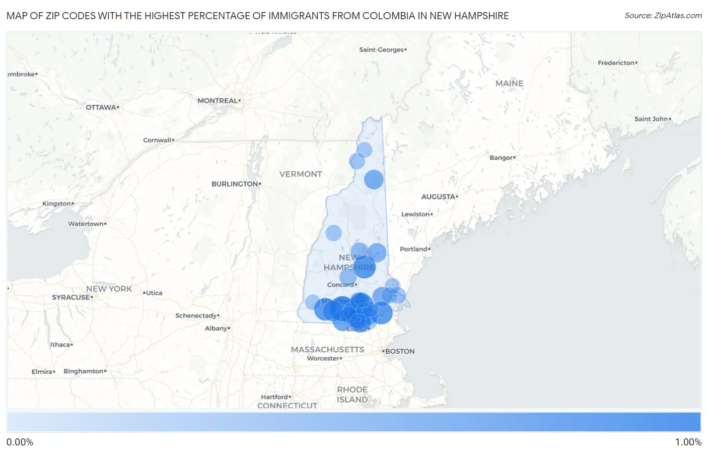 Zip Codes with the Highest Percentage of Immigrants from Colombia in New Hampshire Map