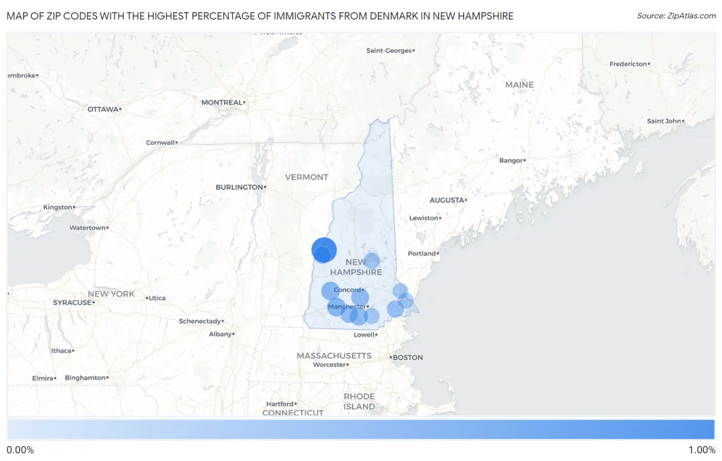 Zip Codes with the Highest Percentage of Immigrants from Denmark in New Hampshire Map