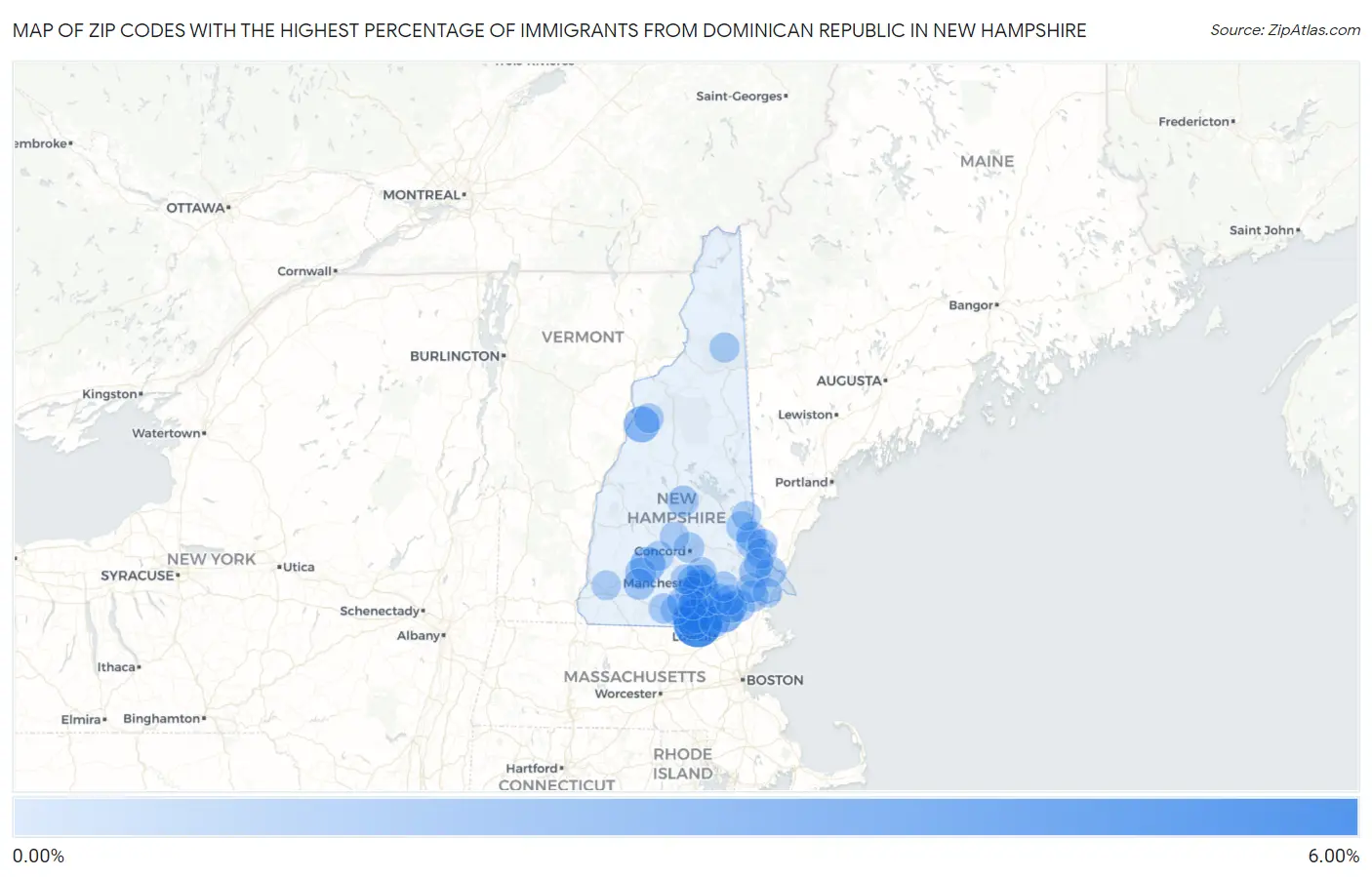 Zip Codes with the Highest Percentage of Immigrants from Dominican Republic in New Hampshire Map