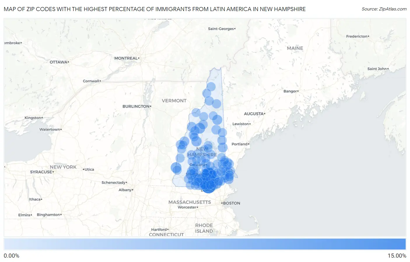 Zip Codes with the Highest Percentage of Immigrants from Latin America in New Hampshire Map