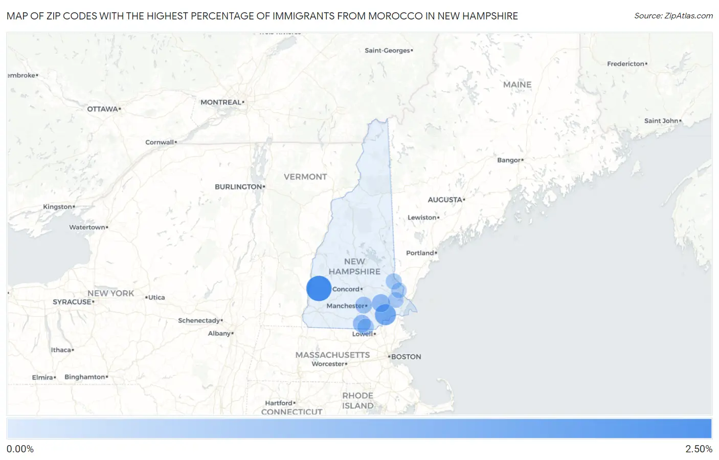 Zip Codes with the Highest Percentage of Immigrants from Morocco in New Hampshire Map