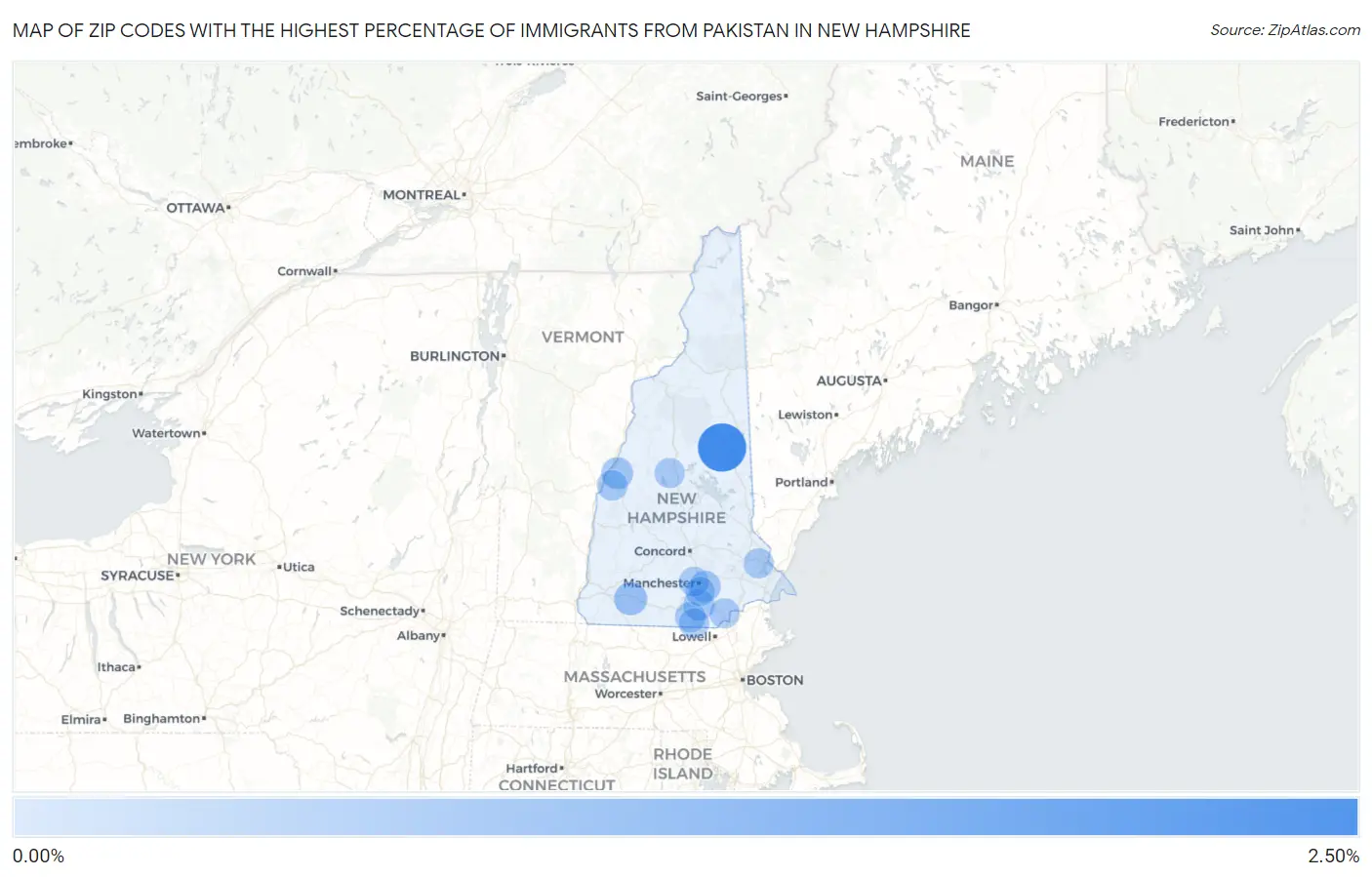 Zip Codes with the Highest Percentage of Immigrants from Pakistan in New Hampshire Map