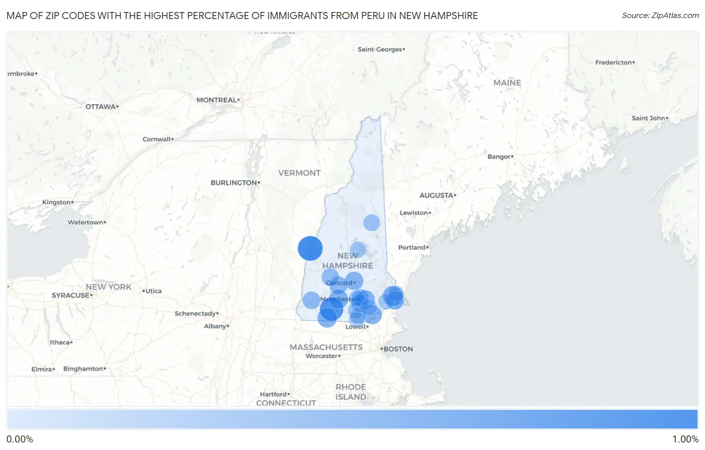 Zip Codes with the Highest Percentage of Immigrants from Peru in New Hampshire Map