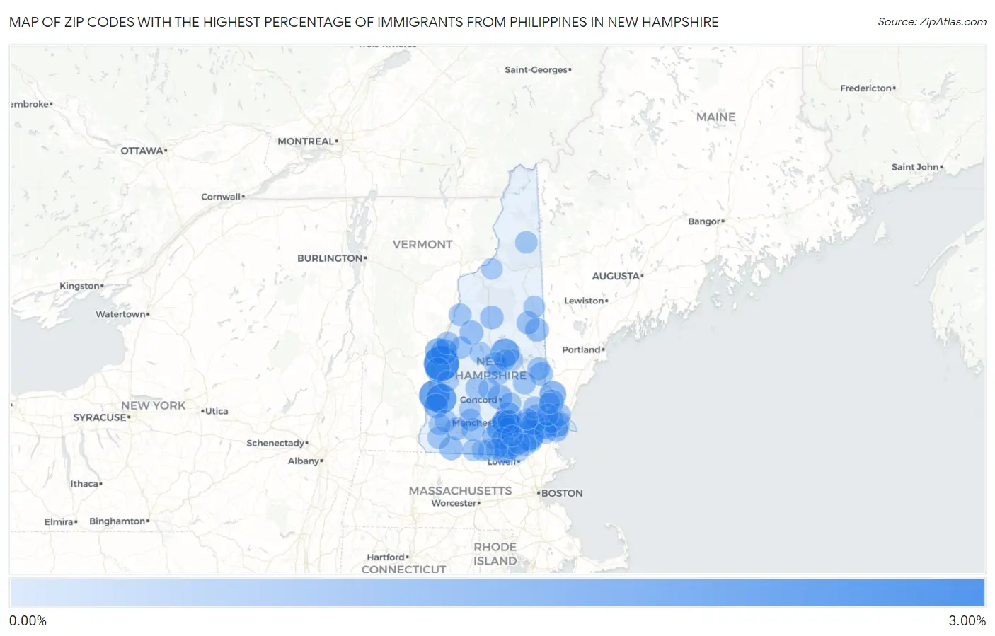 Zip Codes with the Highest Percentage of Immigrants from Philippines in New Hampshire Map