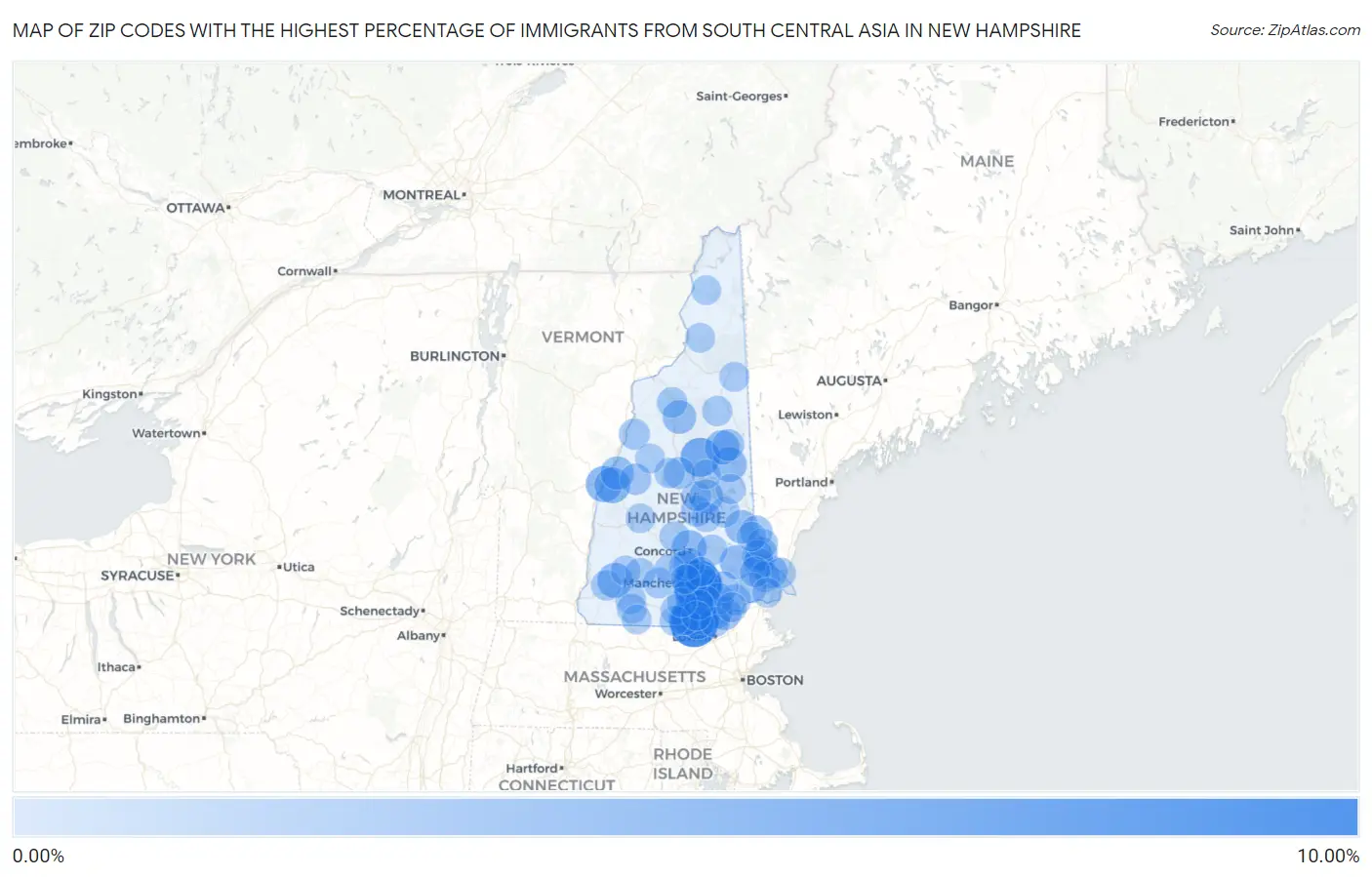 Zip Codes with the Highest Percentage of Immigrants from South Central Asia in New Hampshire Map