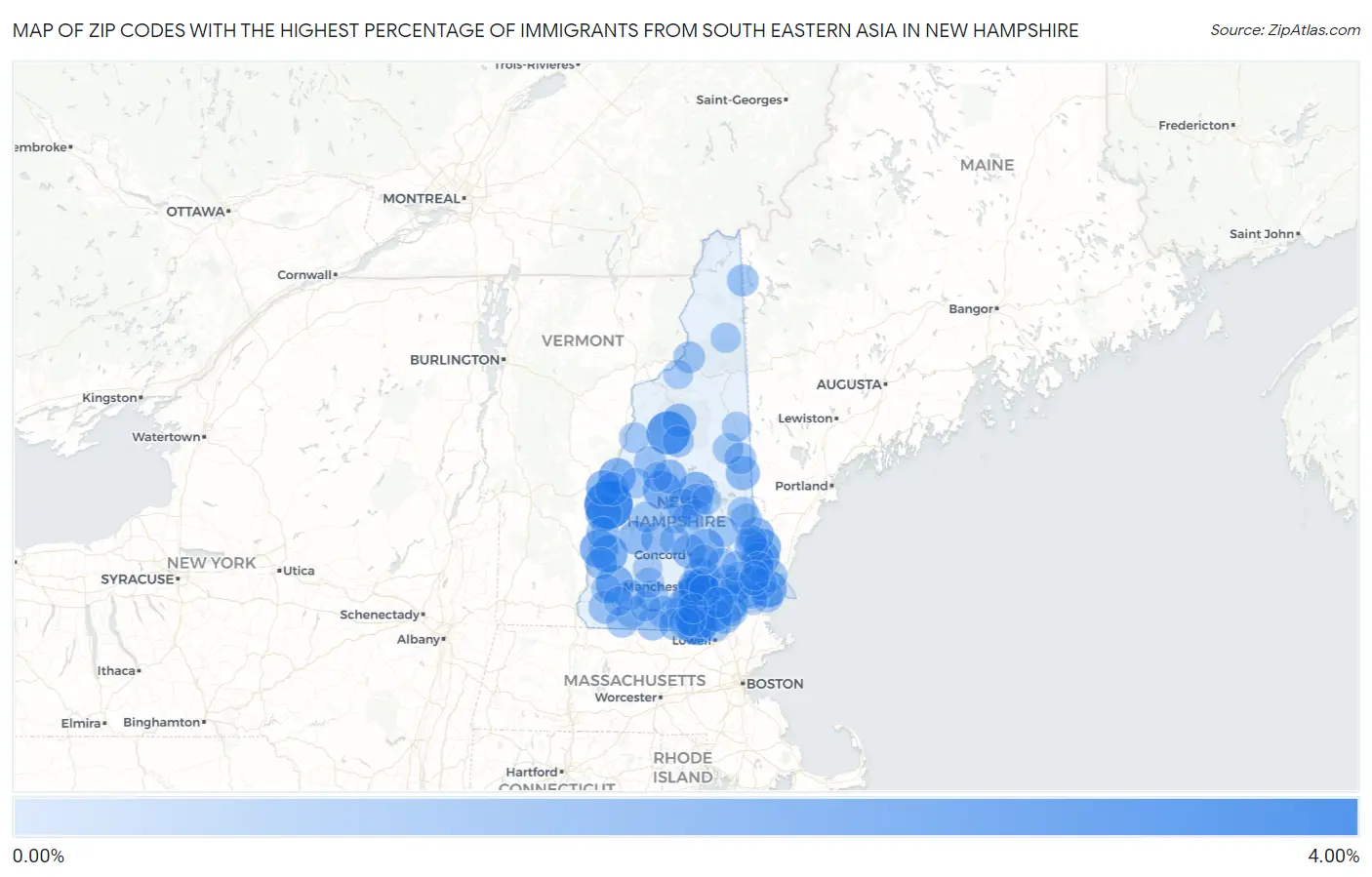 Zip Codes with the Highest Percentage of Immigrants from South Eastern Asia in New Hampshire Map
