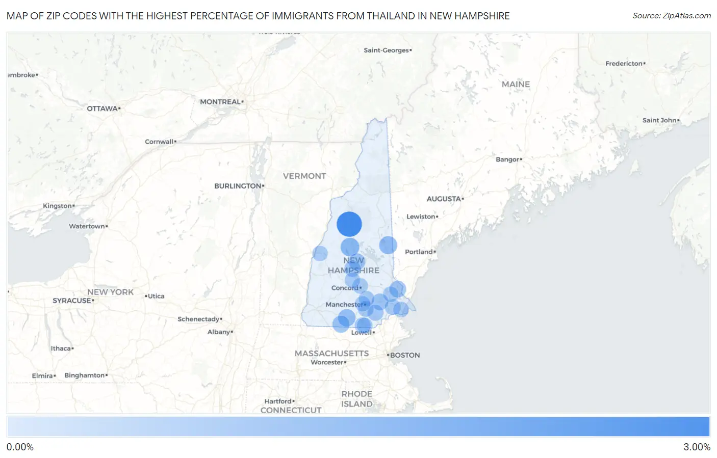 Zip Codes with the Highest Percentage of Immigrants from Thailand in New Hampshire Map