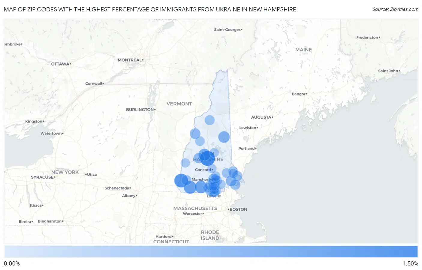 Zip Codes with the Highest Percentage of Immigrants from Ukraine in New Hampshire Map