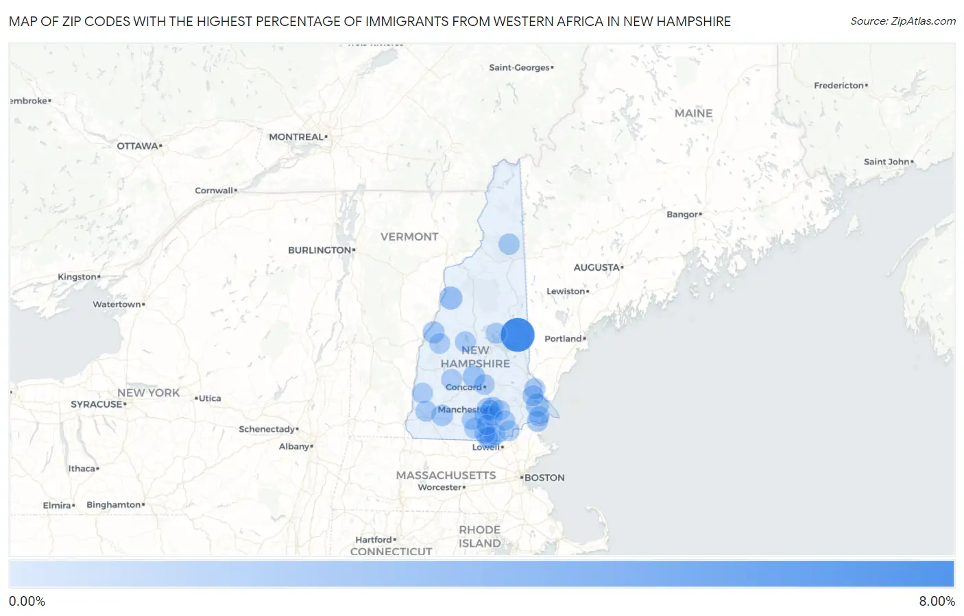 Zip Codes with the Highest Percentage of Immigrants from Western Africa in New Hampshire Map
