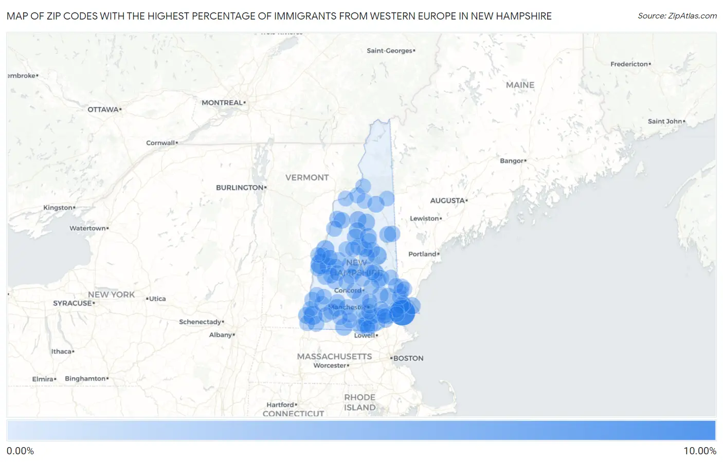 Zip Codes with the Highest Percentage of Immigrants from Western Europe in New Hampshire Map