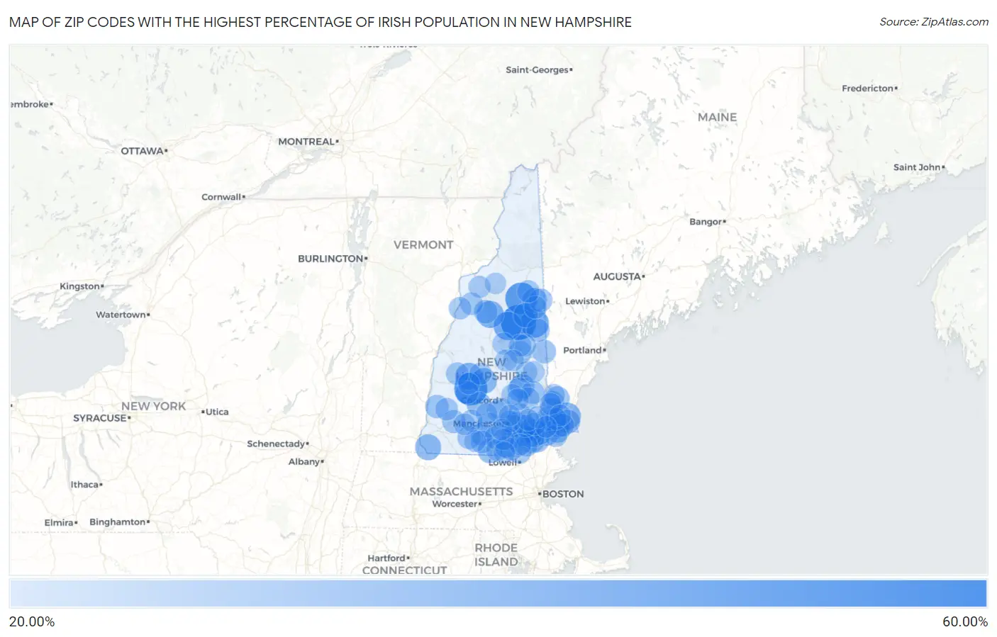 Zip Codes with the Highest Percentage of Irish Population in New Hampshire Map