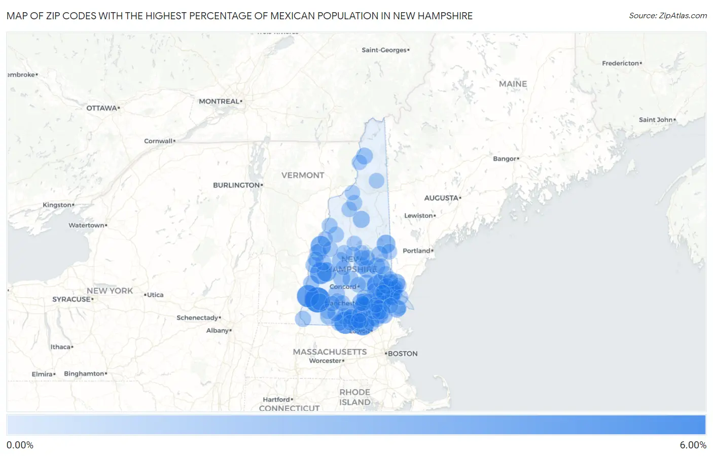 Zip Codes with the Highest Percentage of Mexican Population in New Hampshire Map
