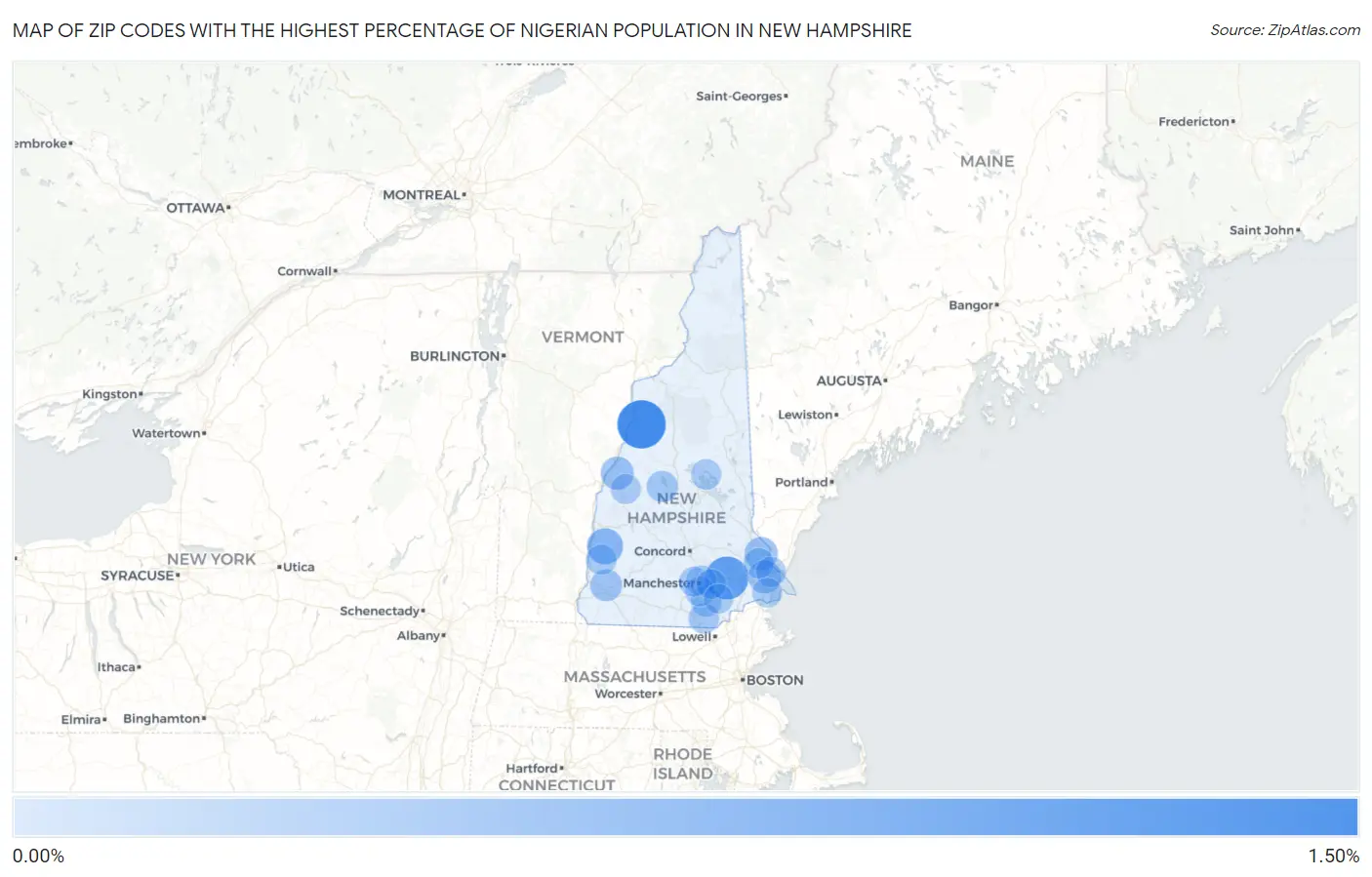 Zip Codes with the Highest Percentage of Nigerian Population in New Hampshire Map