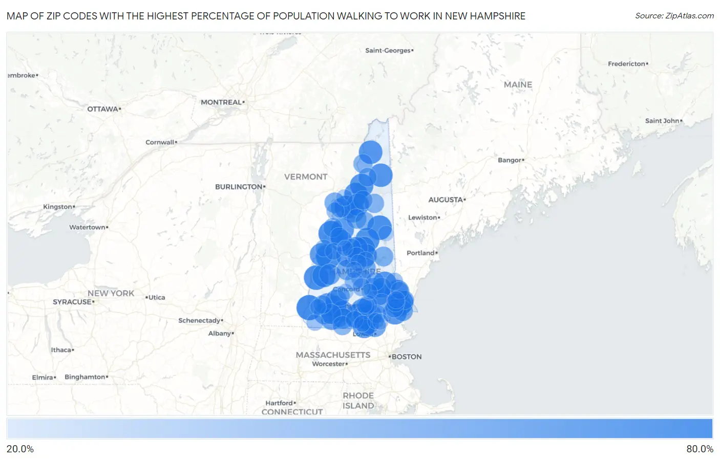 Zip Codes with the Highest Percentage of Population Walking to Work in New Hampshire Map