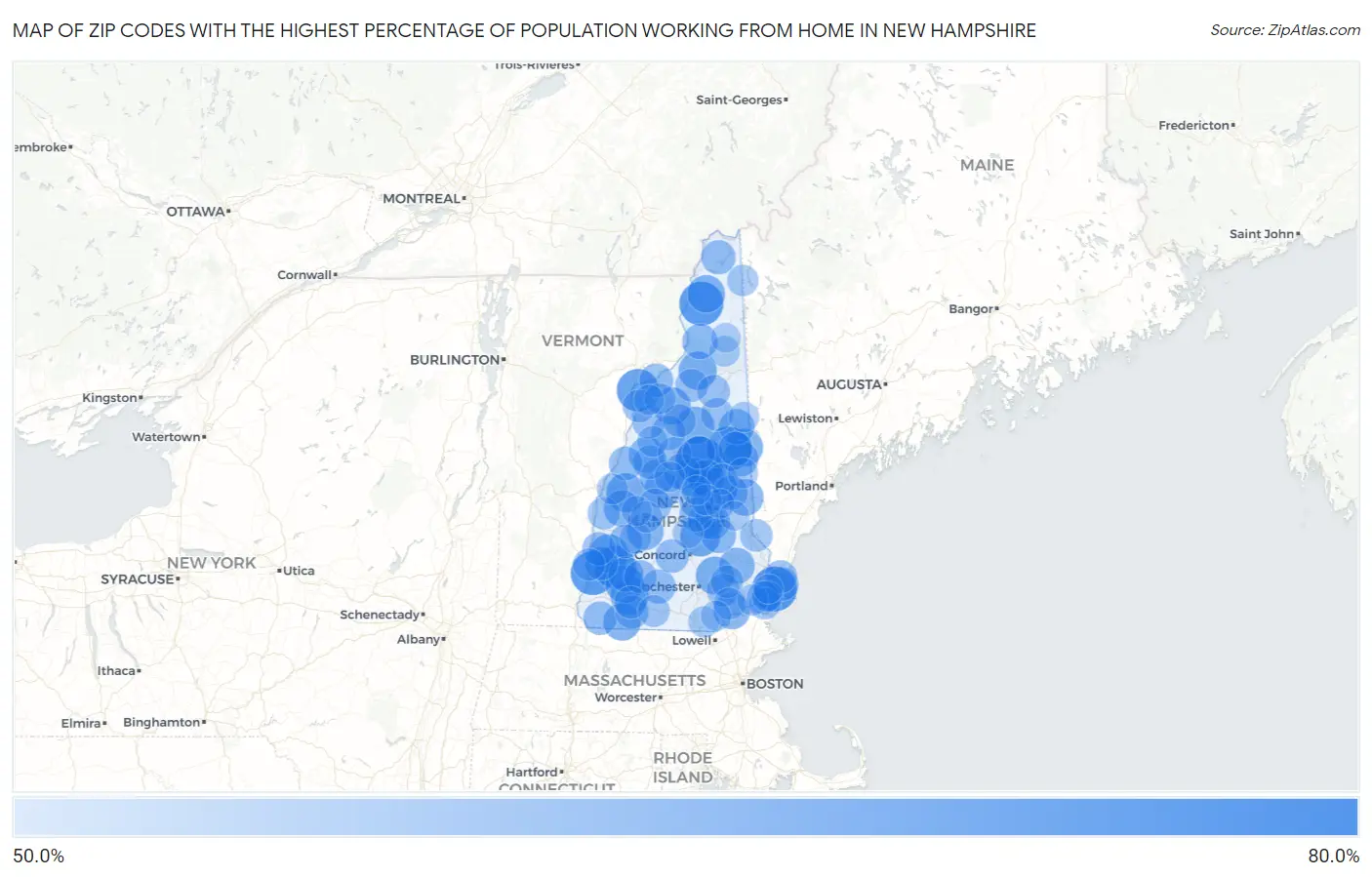 Zip Codes with the Highest Percentage of Population Working from Home in New Hampshire Map