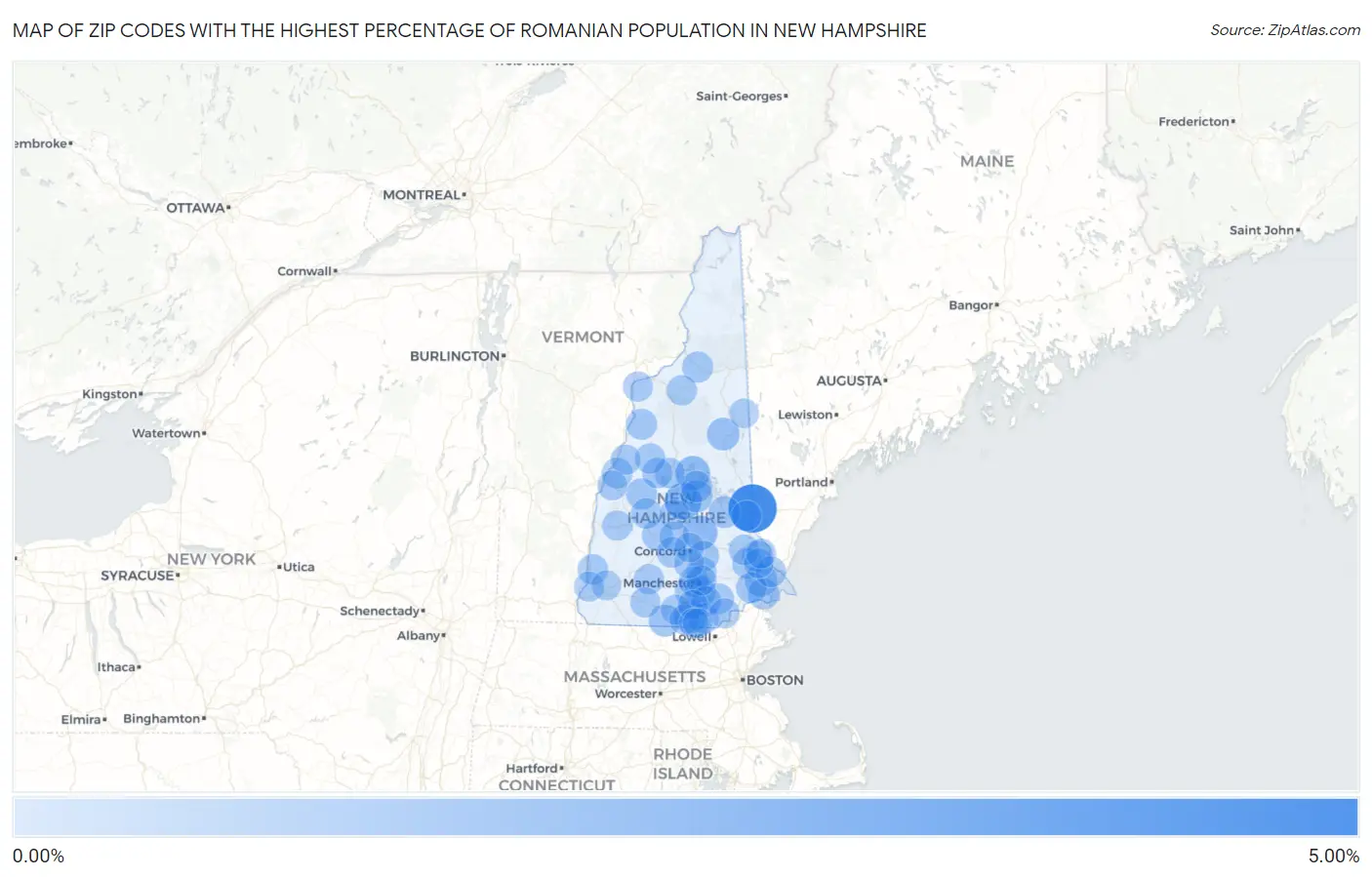 Zip Codes with the Highest Percentage of Romanian Population in New Hampshire Map