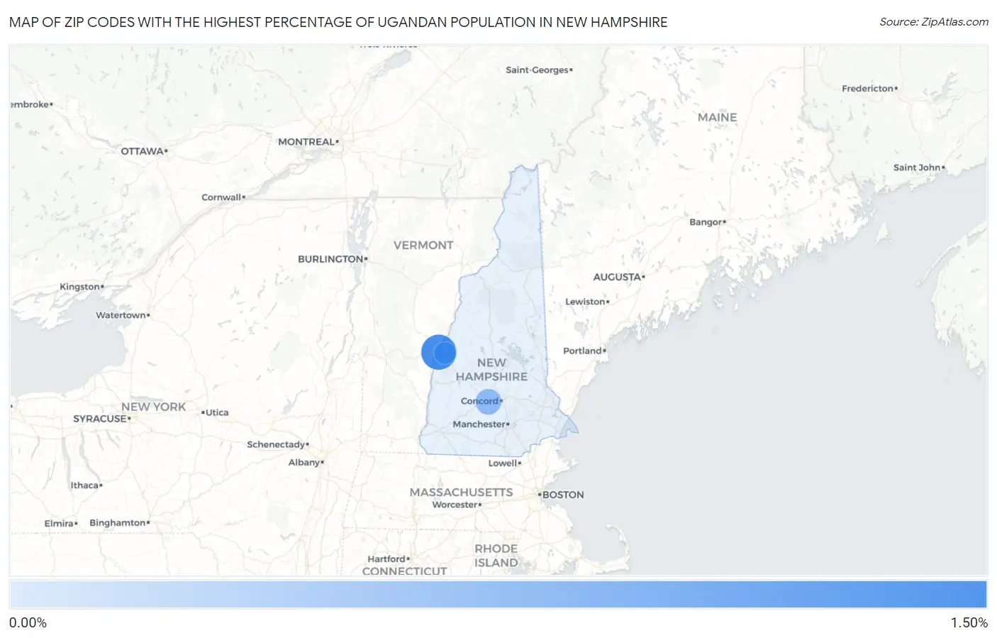 Zip Codes with the Highest Percentage of Ugandan Population in New Hampshire Map
