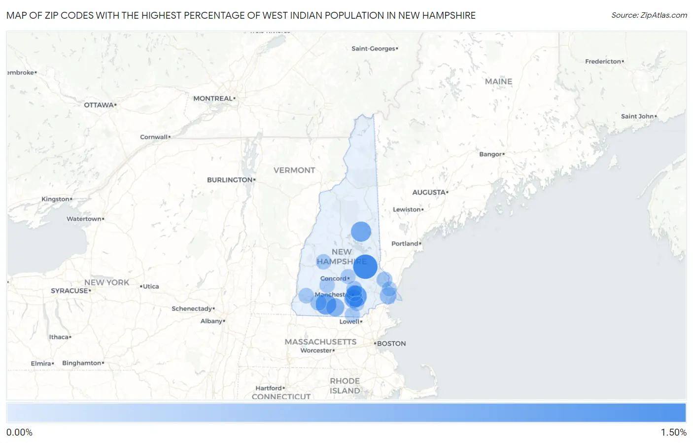 Zip Codes with the Highest Percentage of West Indian Population in New Hampshire Map