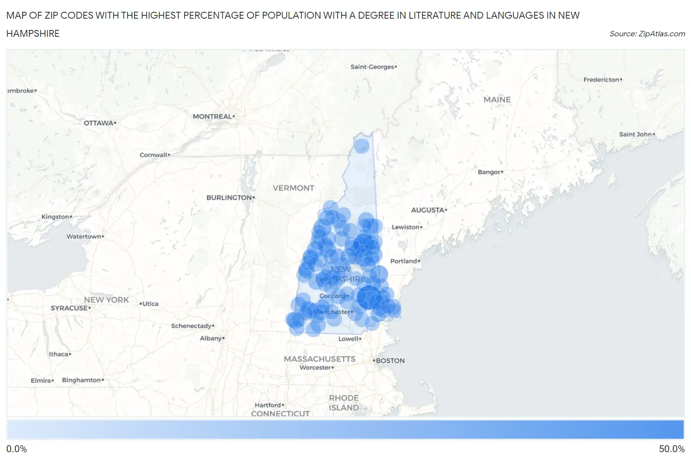 Zip Codes with the Highest Percentage of Population with a Degree in Literature and Languages in New Hampshire Map
