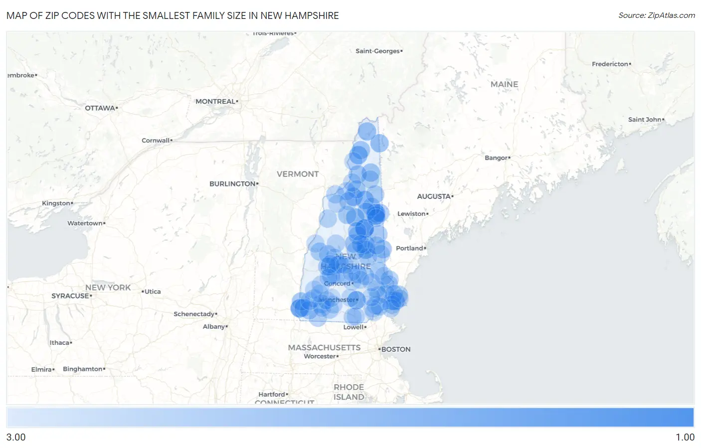 Zip Codes with the Smallest Family Size in New Hampshire Map