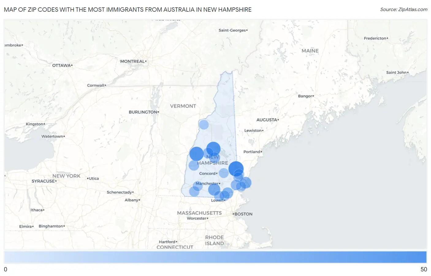 Zip Codes with the Most Immigrants from Australia in New Hampshire Map