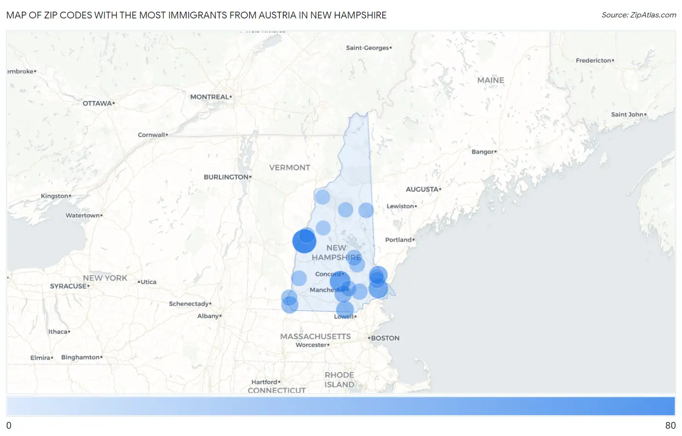 Zip Codes with the Most Immigrants from Austria in New Hampshire Map