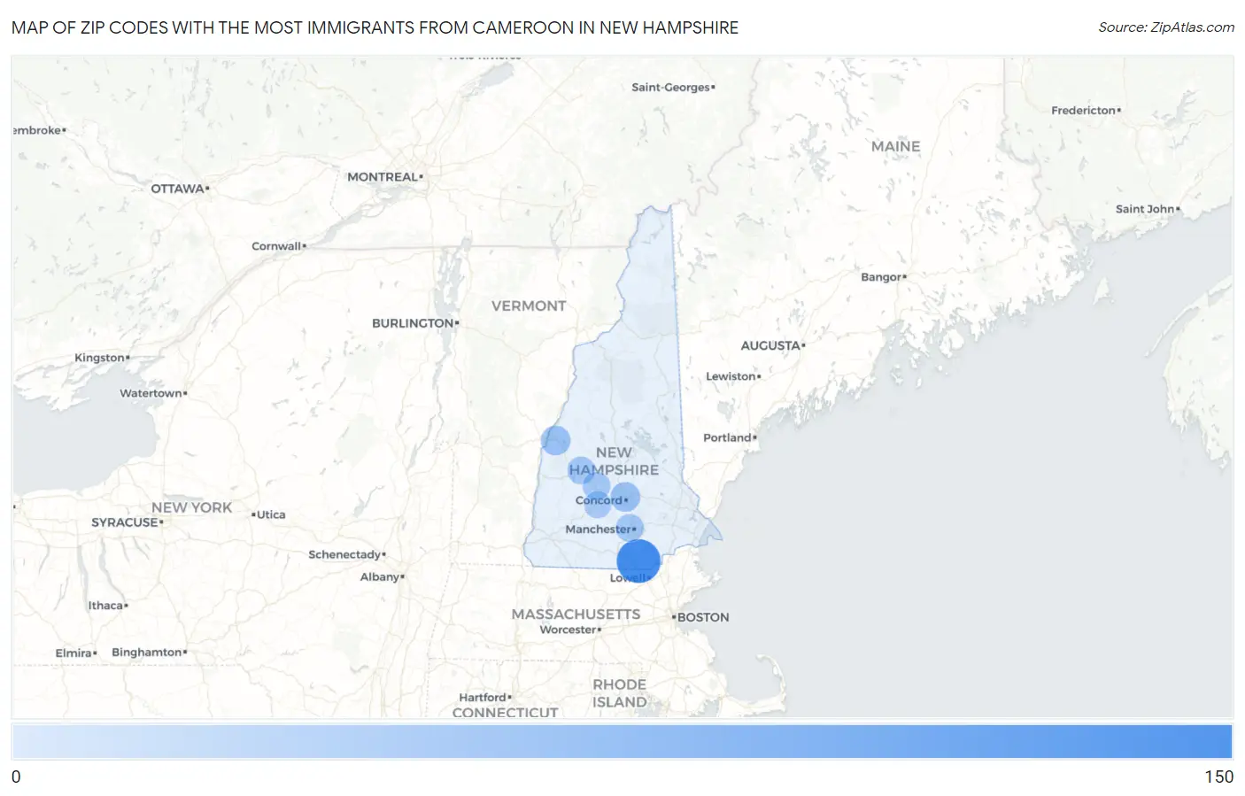 Zip Codes with the Most Immigrants from Cameroon in New Hampshire Map