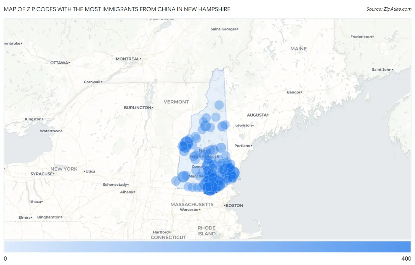 Zip Codes with the Most Immigrants from China in New Hampshire Map