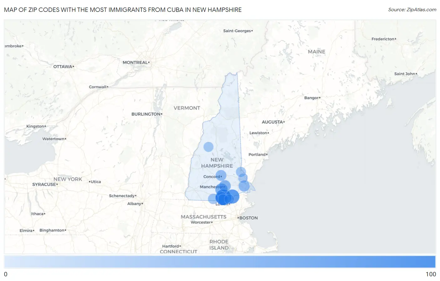 Zip Codes with the Most Immigrants from Cuba in New Hampshire Map