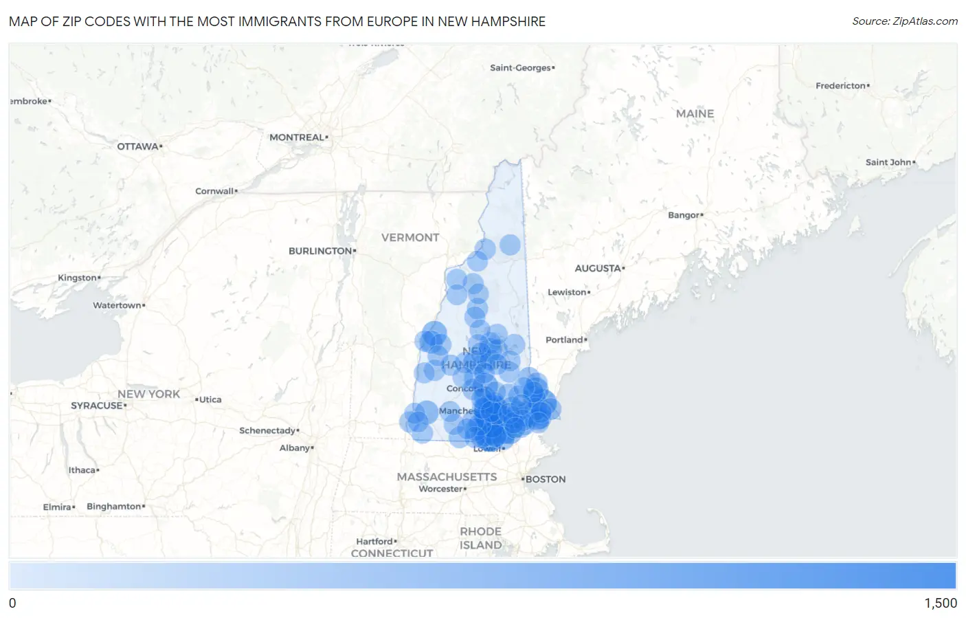 Zip Codes with the Most Immigrants from Europe in New Hampshire Map