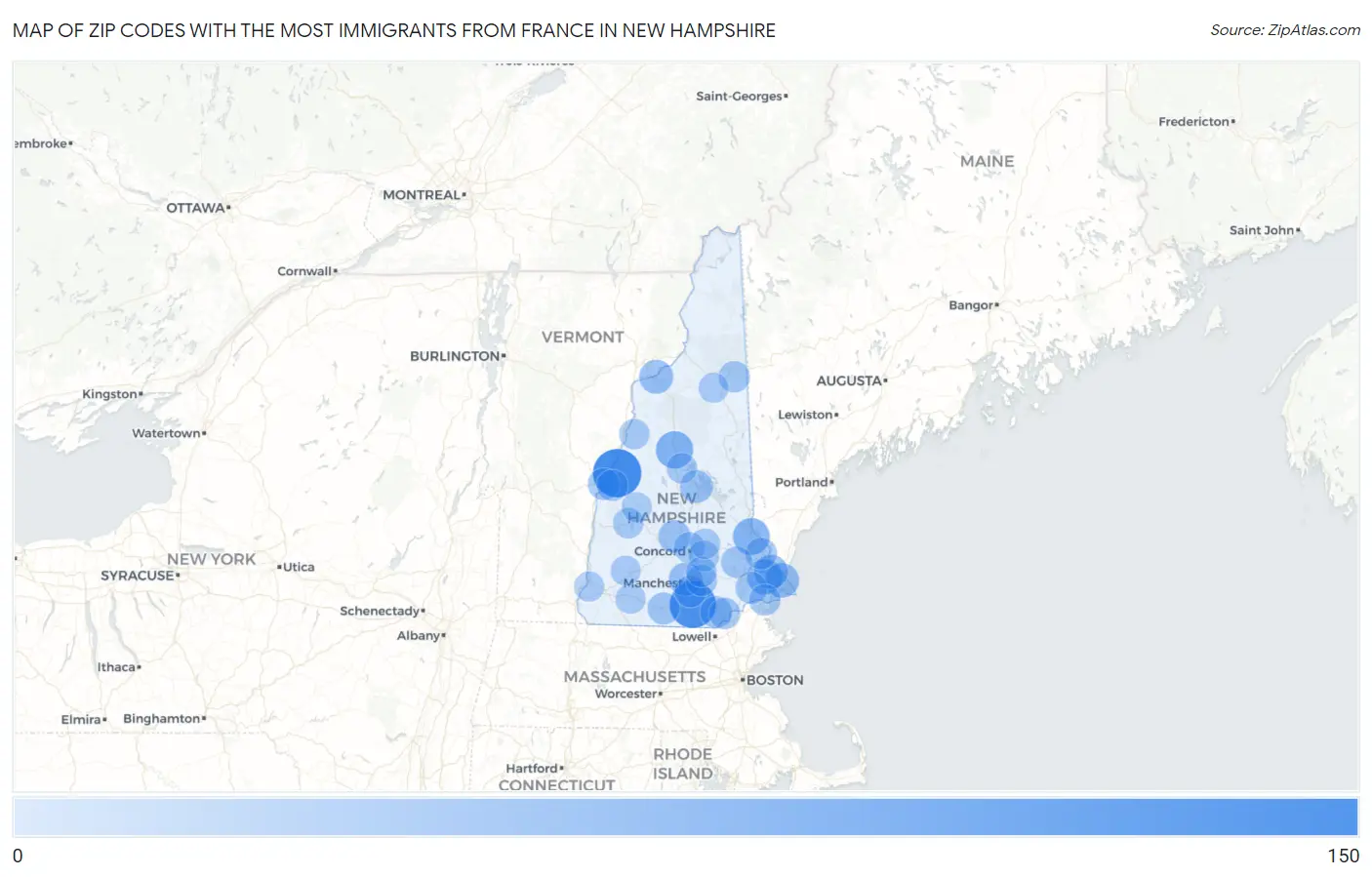 Zip Codes with the Most Immigrants from France in New Hampshire Map