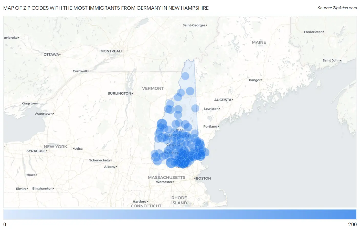 Zip Codes with the Most Immigrants from Germany in New Hampshire Map