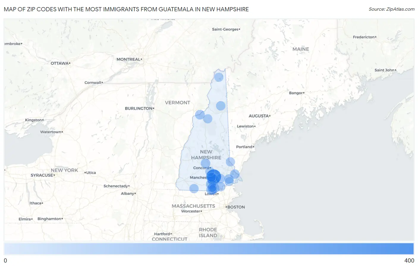 Zip Codes with the Most Immigrants from Guatemala in New Hampshire Map