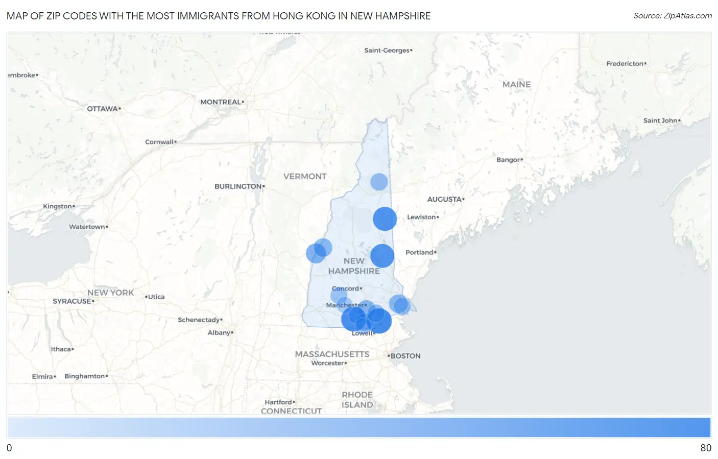 Zip Codes with the Most Immigrants from Hong Kong in New Hampshire Map