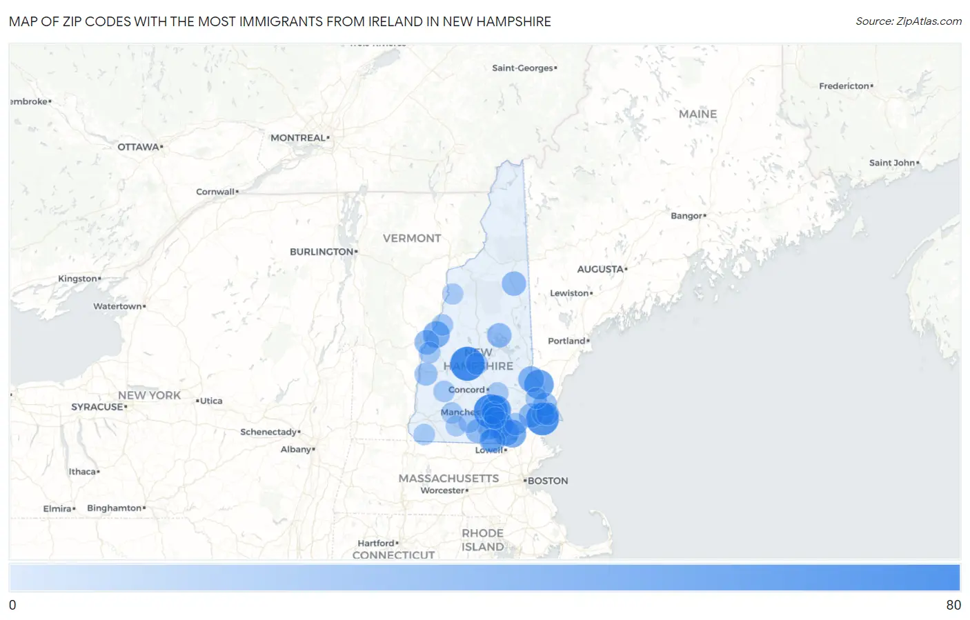 Zip Codes with the Most Immigrants from Ireland in New Hampshire Map
