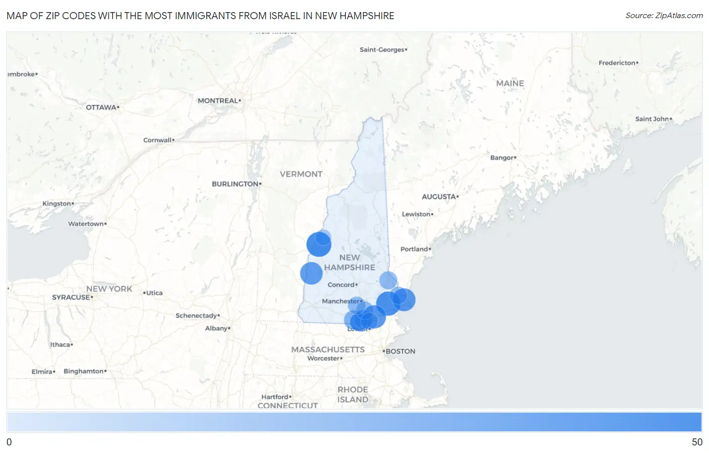 Zip Codes with the Most Immigrants from Israel in New Hampshire Map