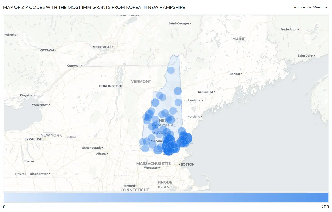 Zip Codes with the Most Immigrants from Korea in New Hampshire Map